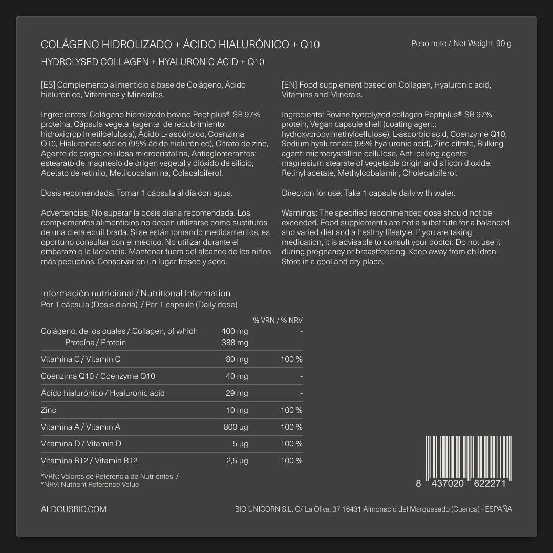Colágeno Hidrolizado con Ácido Hialurónico, Coenzima Q10, Zinc y Vitaminas