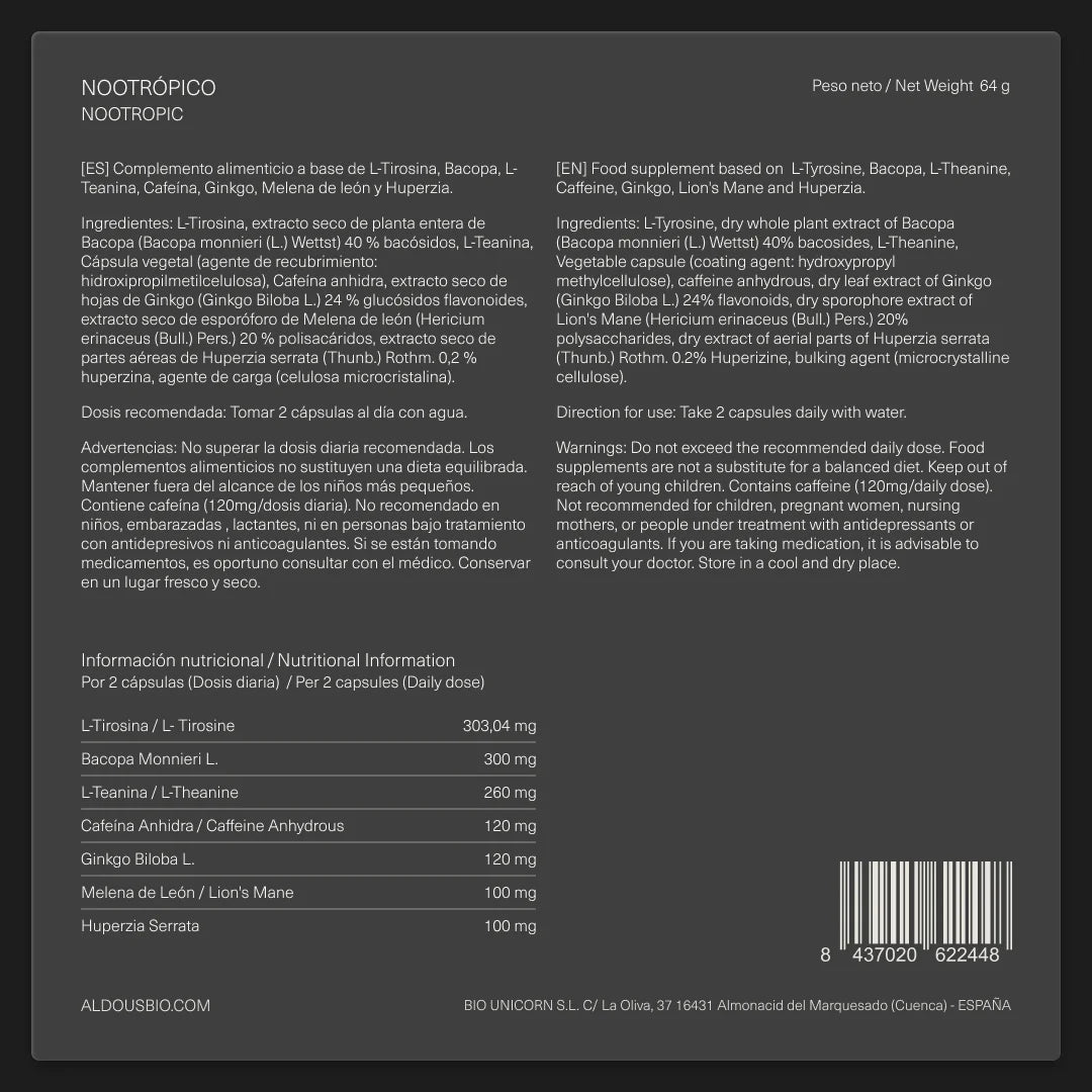 Nootrópico con Ginkgo Biloba, Melena de León, Cafeína, Bacopa, Tirosina, Teanina y Huperzia Serrata
