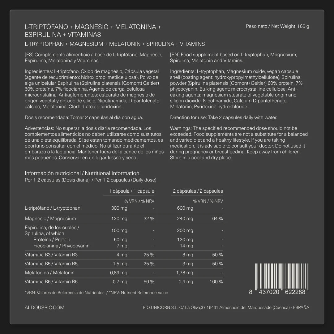 Triptófano con Melatonina, Magnesio, Espirulina y Vitaminas